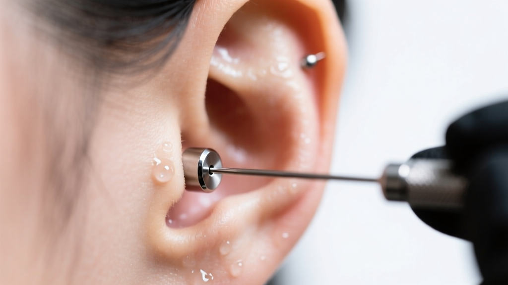 Piercer inserting a titanium flat back labret stud into a fresh earlobe piercing under bright clinical studio lighting.