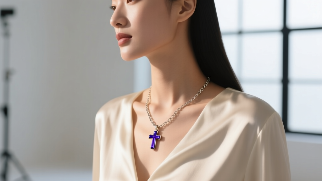Woman wearing a delicate 18-inch rolo chain with a small tanzanite cross pendant, layered over a cream silk blouse in natural daylight.