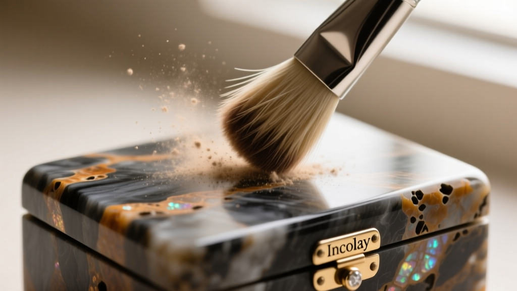 Soft boar-hair brush sweeping dust from the porous crevices of an Incolay stone jewelry box lid, detailed macro photography style