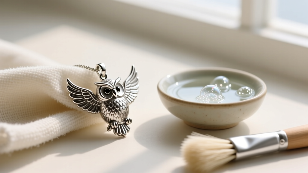A microfiber cloth gently wiping a delicate silver owl pendant, next to a small bowl of mild soapy water and a soft-bristled brush.