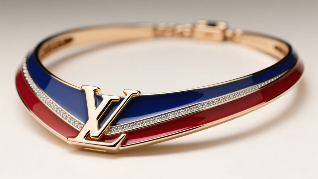 Close-up of flush enamel and metal bezel on a genuine LV enamel necklace, captured at a 45-degree angle in soft studio lighting