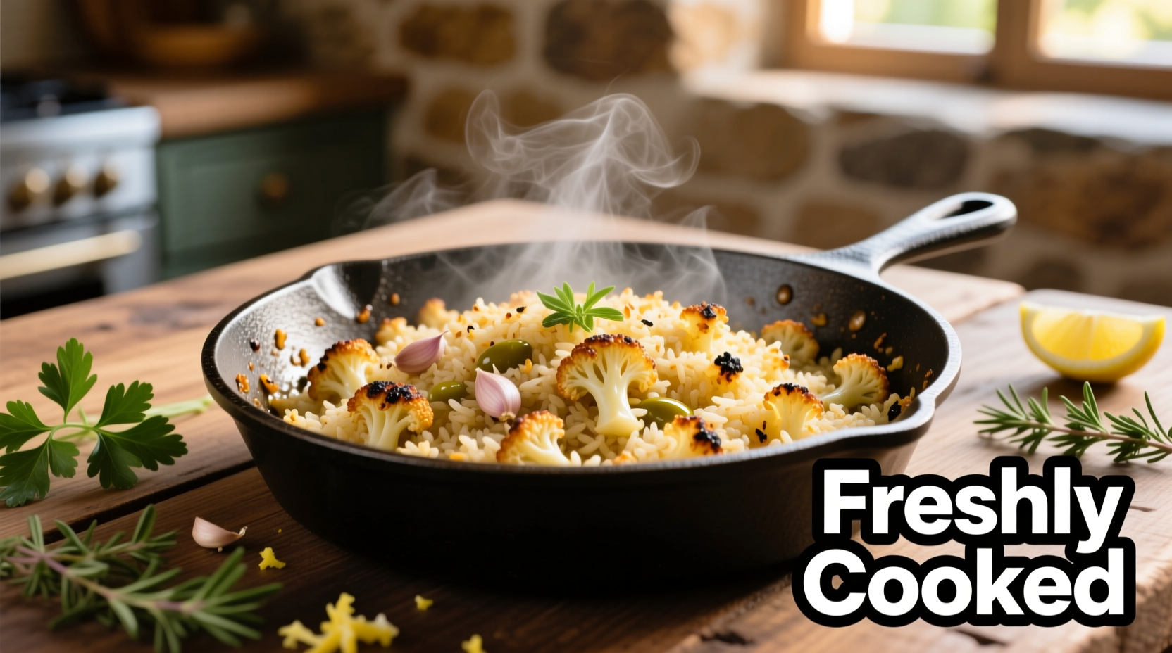 Freshly cooked cauliflower rice in skillet