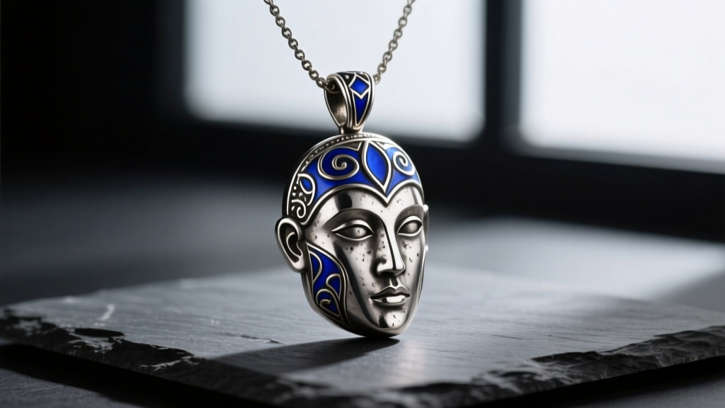 Oxidized silver avowed effigy necklace pendant with blue enamel, resting on dark slate under moody, studio lighting.