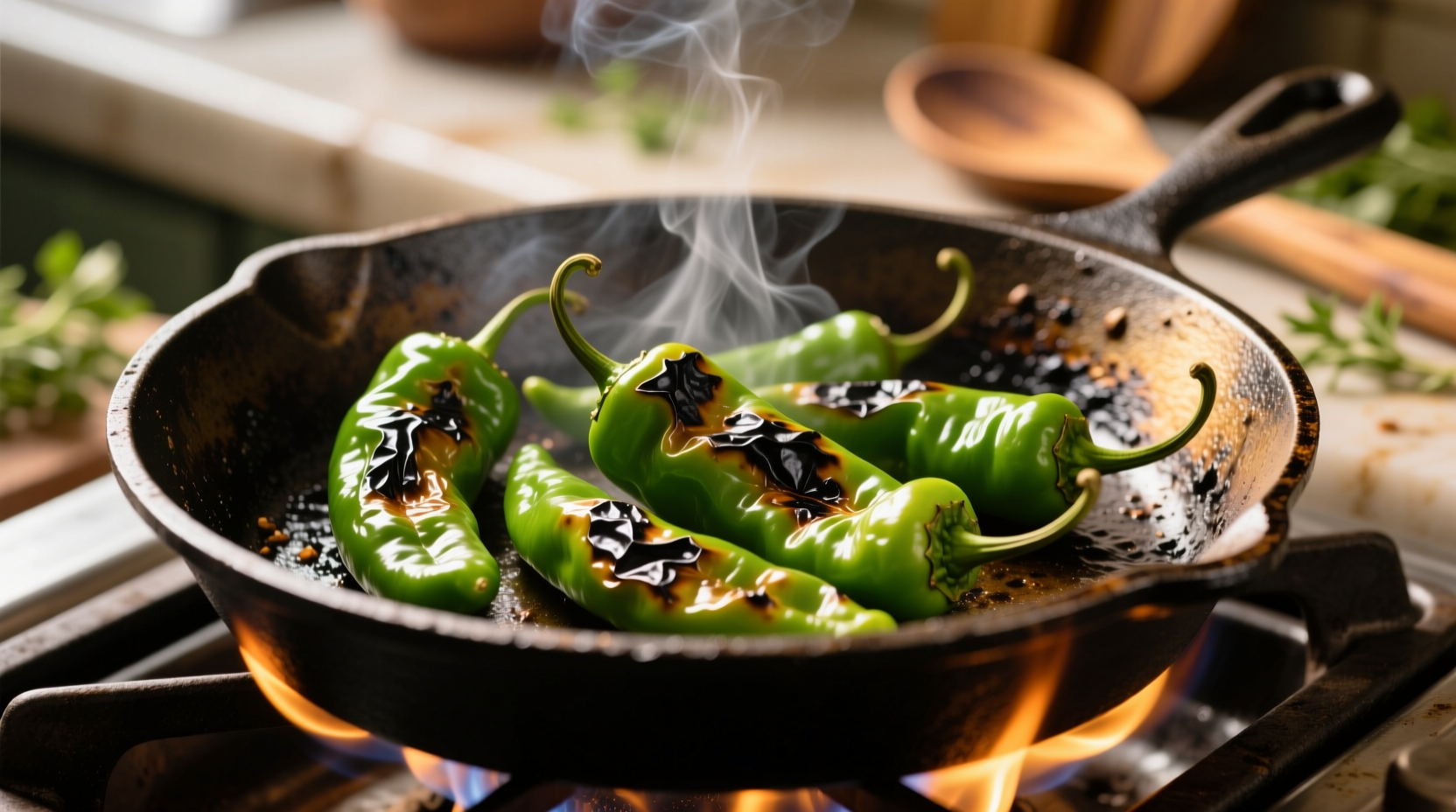 Fresh shishito peppers blistered in cast iron skillet