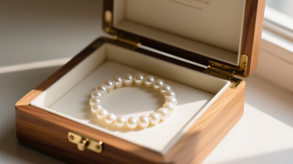 An open archival jewelry box lined with acid-free tissue paper, neatly holding a coiled strand of cream-colored costume pearls.