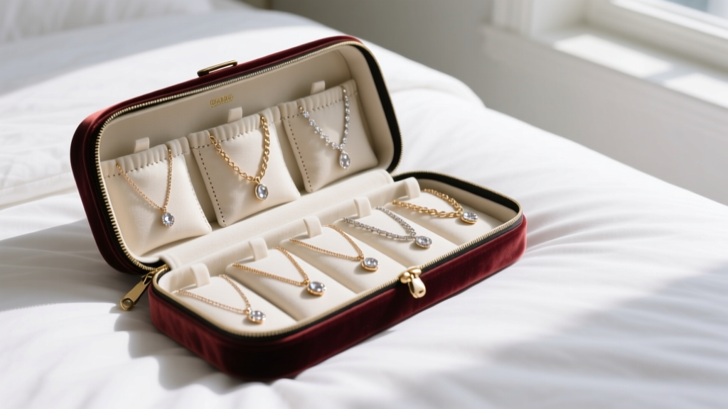 Velvet travel jewelry roll on a bed showing a tangle-free girls crew necklace set stored safely in individual soft zip pouches.