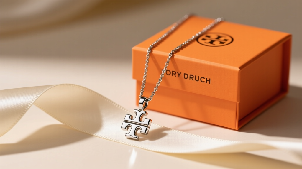 Silver-tone Tory Burch double-T logo pendant necklace resting on cream silk ribbon beside an orange branded gift box in soft light