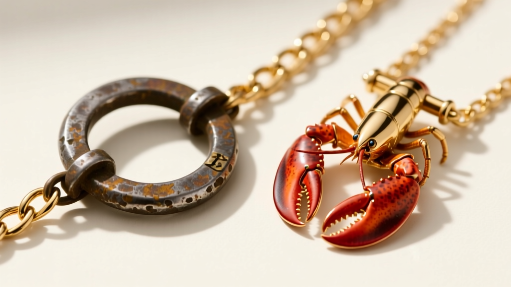 Macro comparison of an antique C-clasp and a modern lobster clasp on gold chains, demonstrating historical jewelry mechanics.
