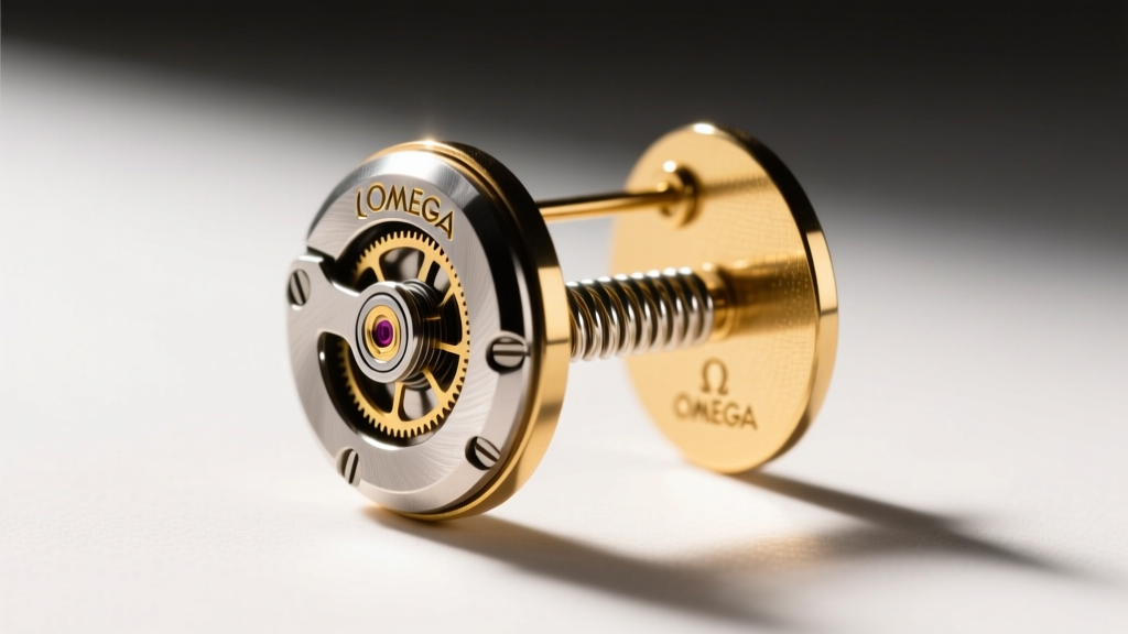 Side profile of a vintage omega-back earring mechanism showing the tension spring and gold-plated paddle backing in bright light