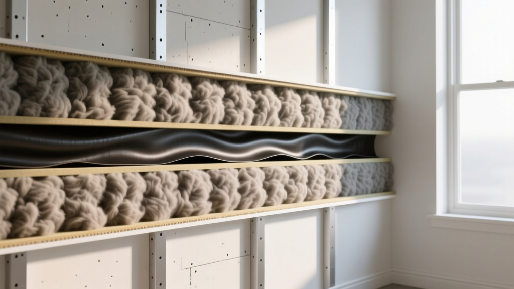 Cross-section of interior wall showing Rockwool mineral wool batts, Mass Loaded Vinyl, and double drywall layers for soundproofing