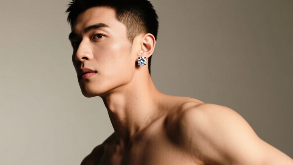 Male athlete wearing classic one-carat round brilliant diamond stud earrings in flat-back titanium settings, soft studio lighting