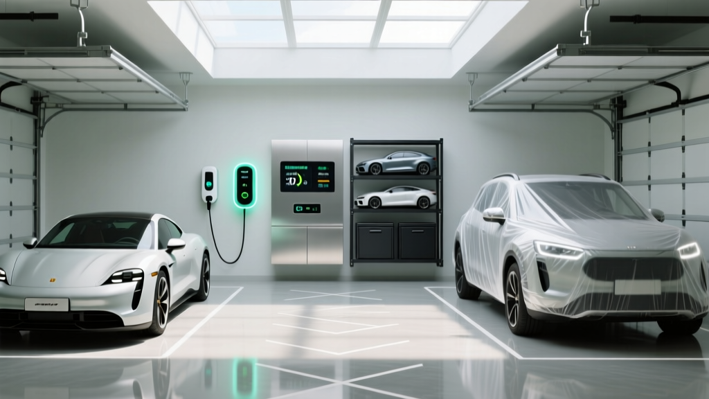 Organized modern garage featuring smart climate control panels, wall-mounted EV chargers, and seasonal automotive storage racks in 2026