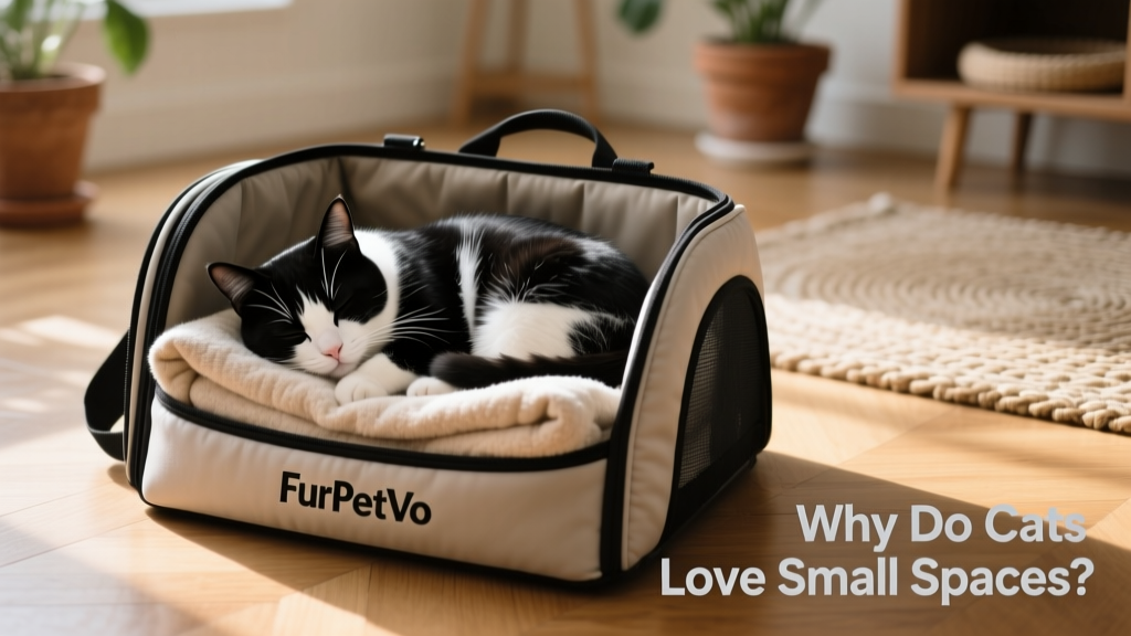 A black-and-white tuxedo cat napping peacefully inside a FurPetVo padded carrier with a folded blanket