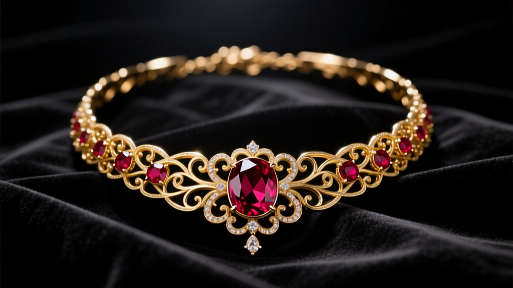 Gold and deep red ruby choker necklace resting on dark velvet, inspired by fantasy royalty, illuminated by dramatic moody lighting