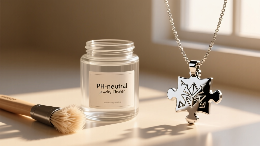 Glass jar of pH-neutral jewelry cleaner next to a soft-bristled brush and a stainless steel anime puzzle replica necklace.