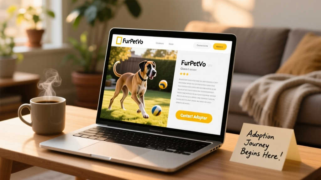 A laptop screen showing a FurPetVo profile page for a Great Dane, with photos, bio text, and 'Contact Adopter' button visible