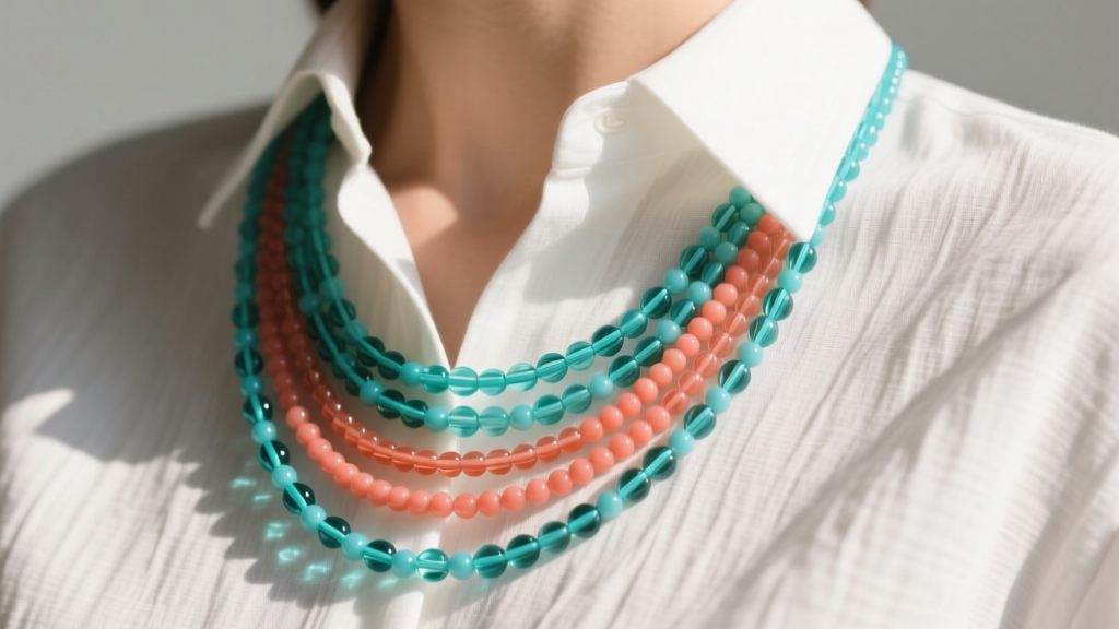 Czech glass multi strand seed bead necklace in turquoise and coral draped over a white linen shirt in soft natural sunlight