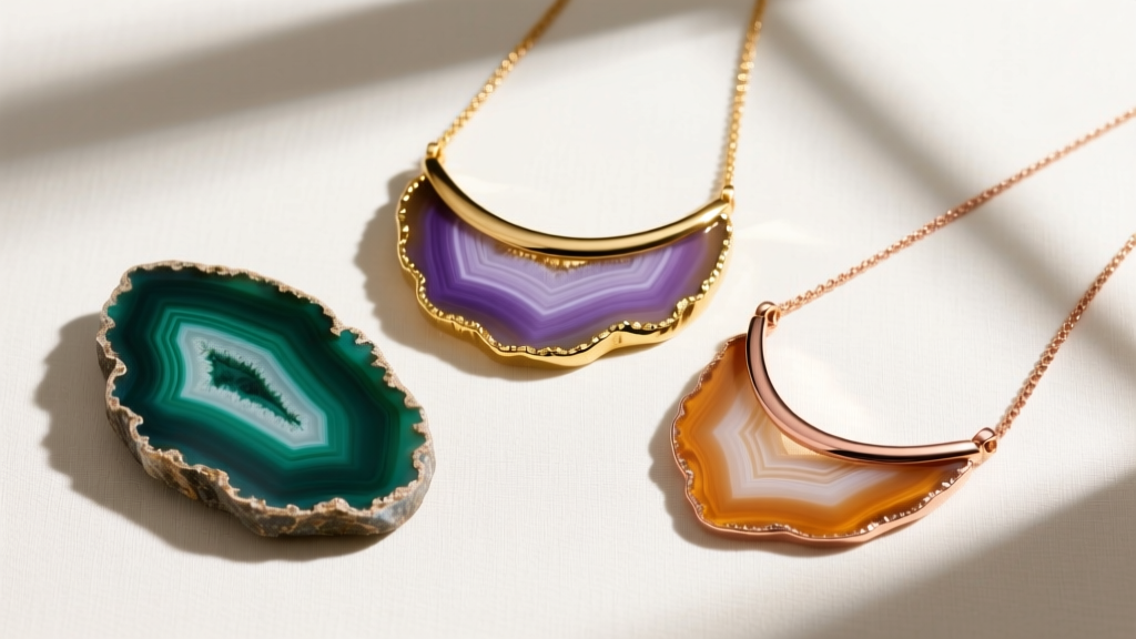 Flat lay of three agate slice necklaces with varied metal edges: raw unpolished, gold vermeil, and rose gold electroplated brass.