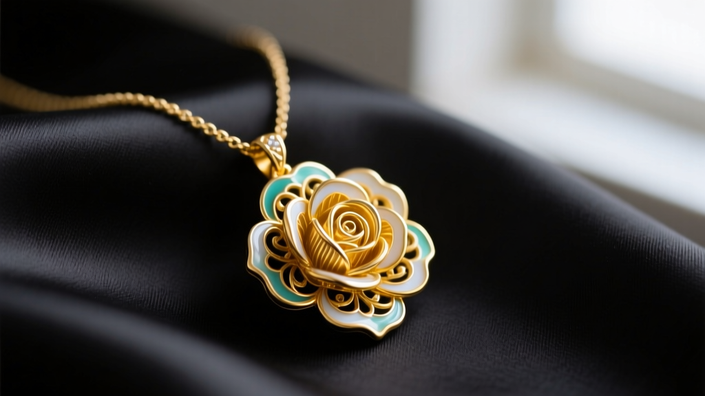 Close-up of a 14k yellow gold floral necklace with a guilloché enamel rose pendant resting on dark silk fabric in soft lighting