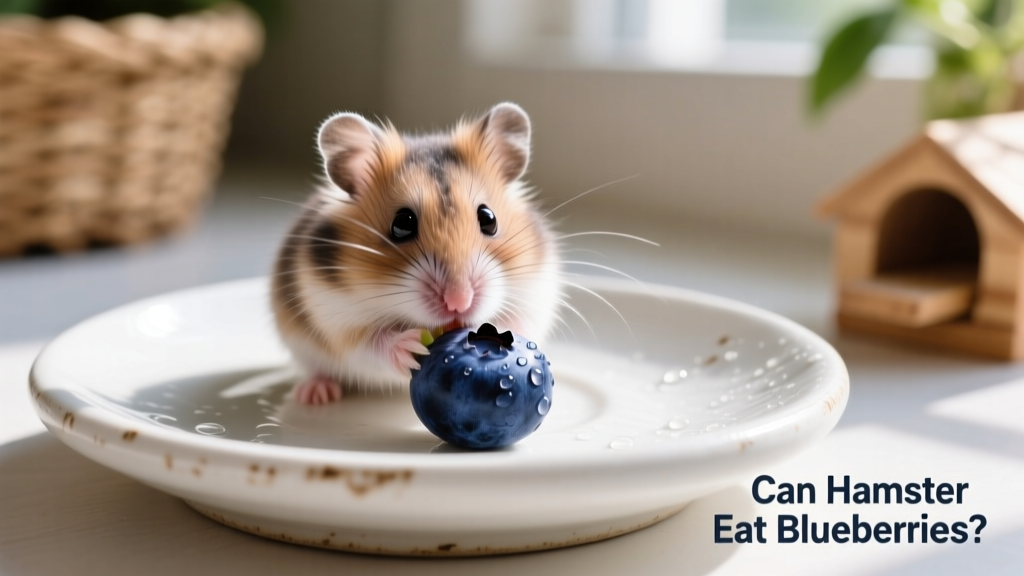 Close-up of a dwarf hamster nibbling a halved blueberry placed on a clean ceramic dish