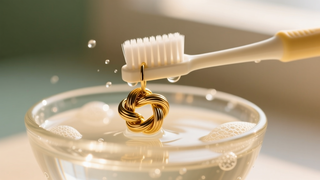 A soft-bristled baby toothbrush gently scrubbing a textured gold sailor knot earring in a small glass bowl of warm soapy water.