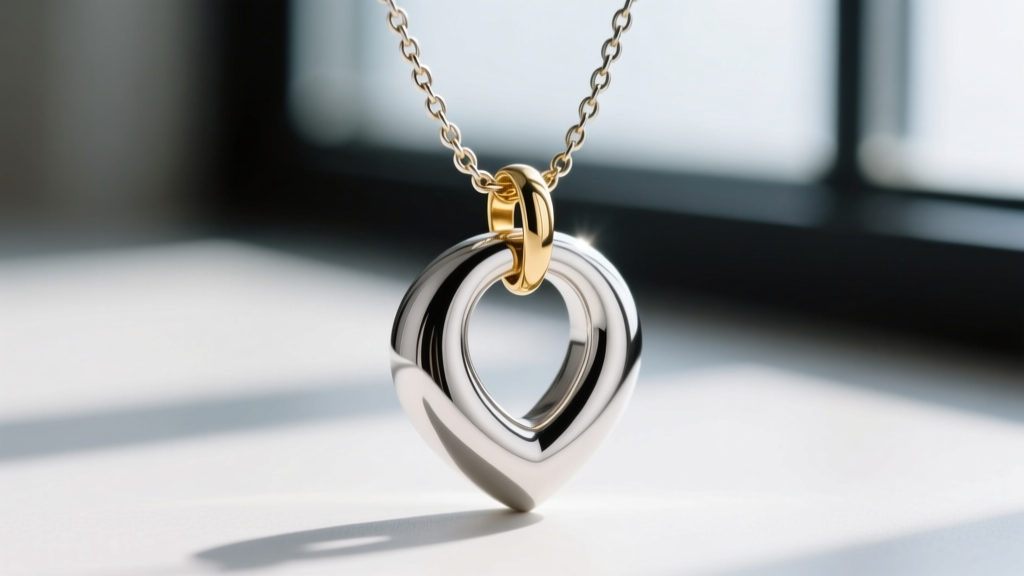 Macro shot of a heavy silver pendant pulling a 1mm rolo chain into a deep V-shape, showing tension on the small gold jump ring.