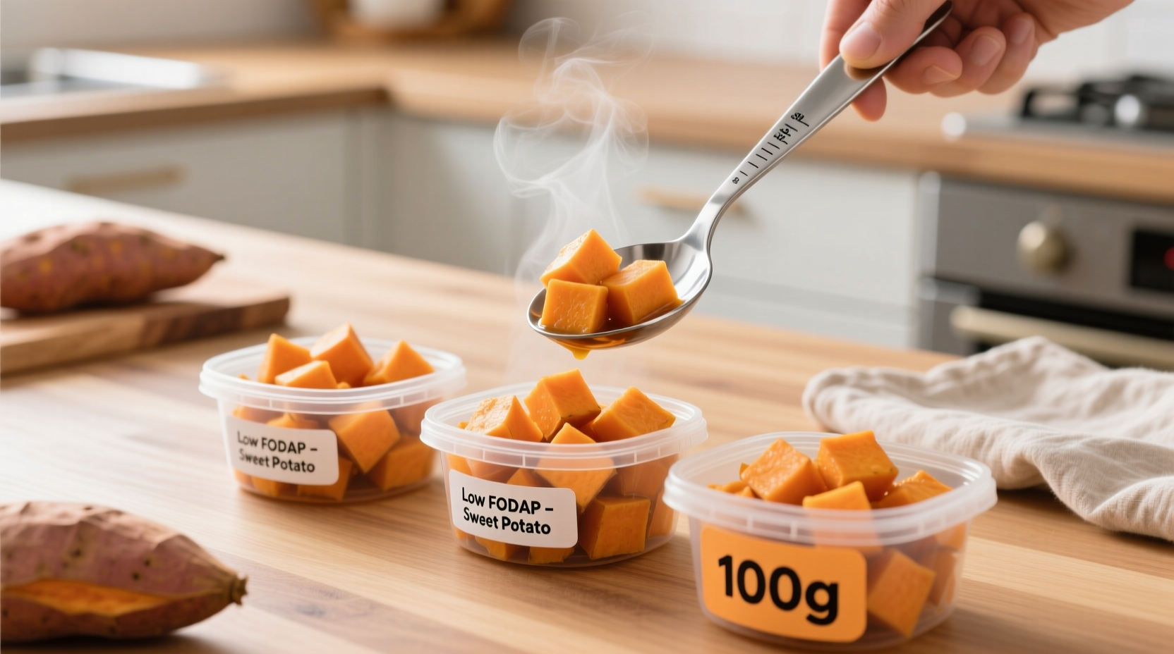 Measuring cooked sweet potato portions for low FODMAP diet