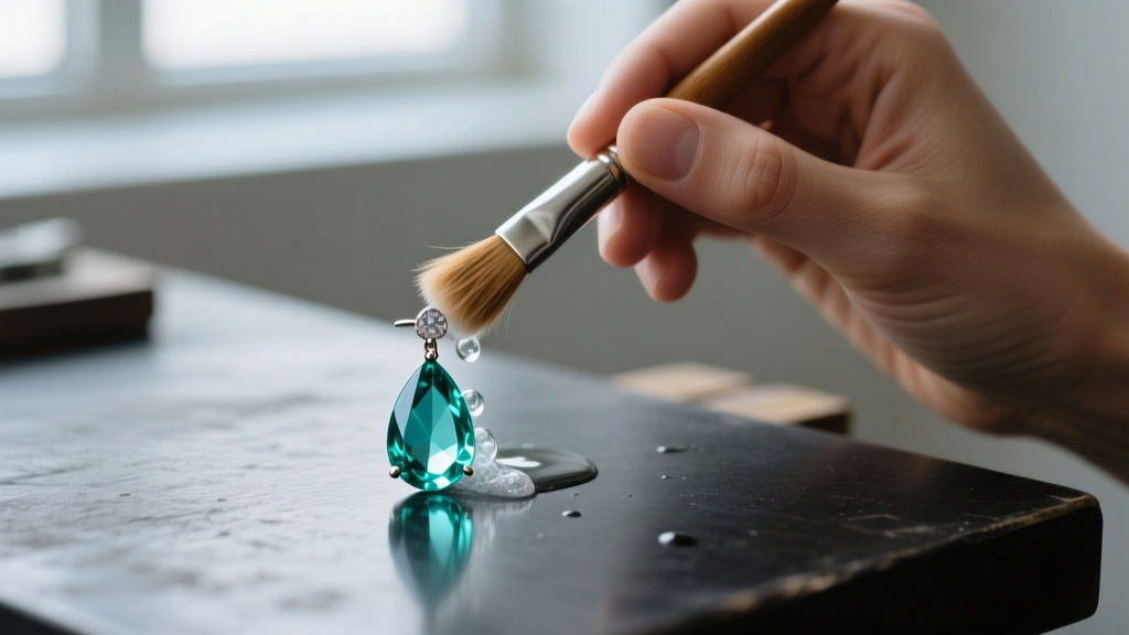 Jeweler using a soft brush and mild soap to clean an aquamarine drop earring, avoiding ultrasonic cleaners on the dark workbench