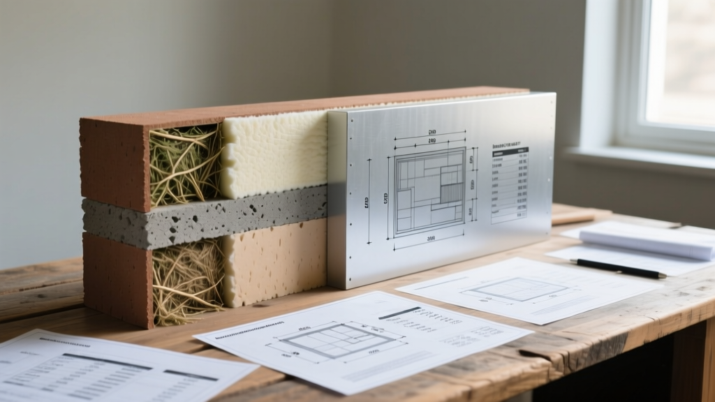 Cross-section of a hempcrete wall assembly next to a structural insulated panel with cost estimation blueprints on a wooden desk