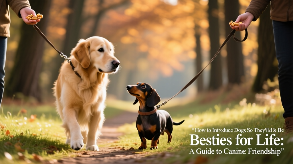 Two dogs walking calmly side-by-side on a grassy path, leashes loose, handlers feeding treats