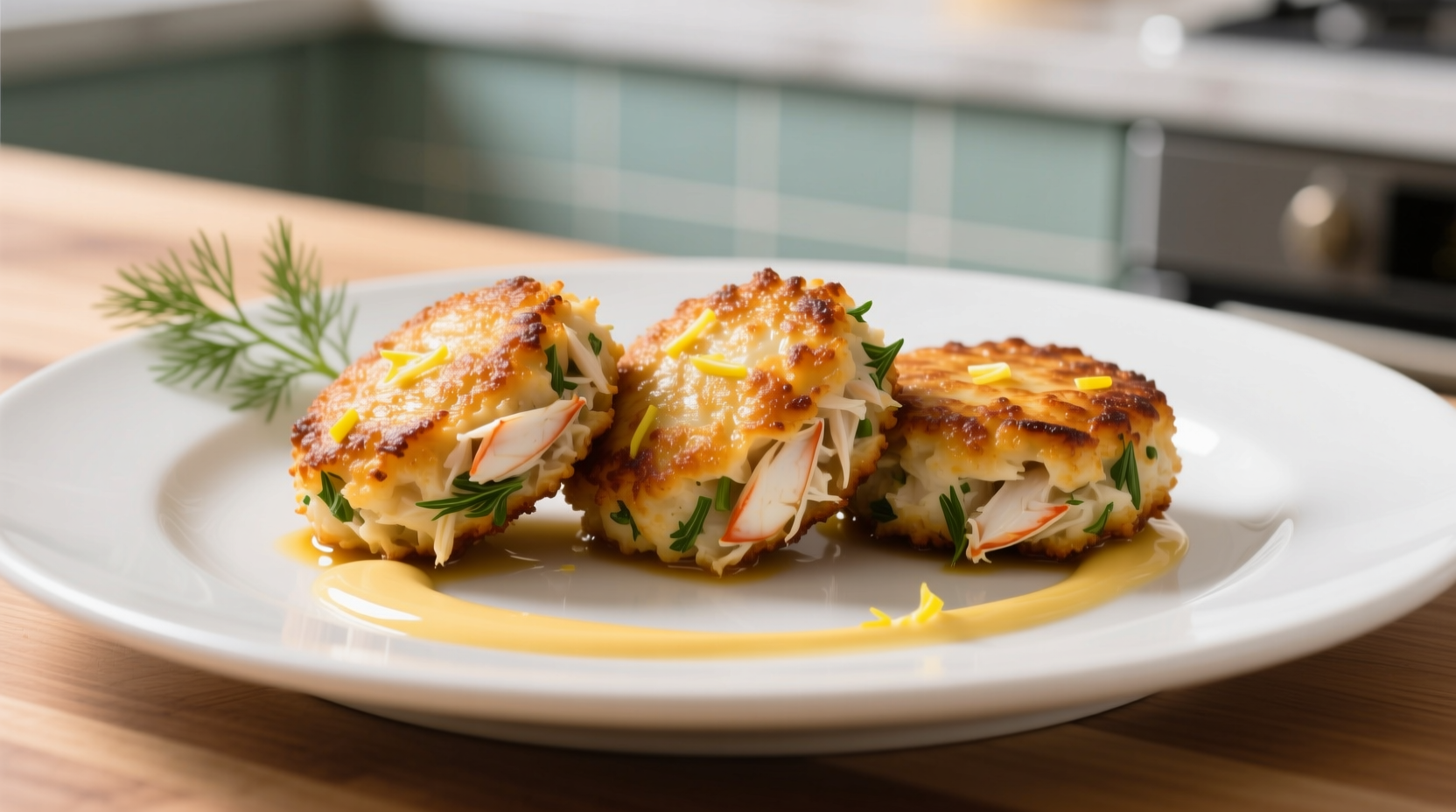 Perfectly golden crab cakes on white plate