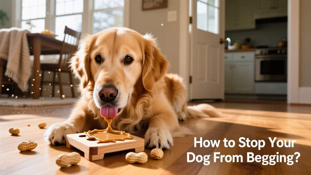 A dog happily licking peanut butter from a puzzle toy on the floor, away from the dining area