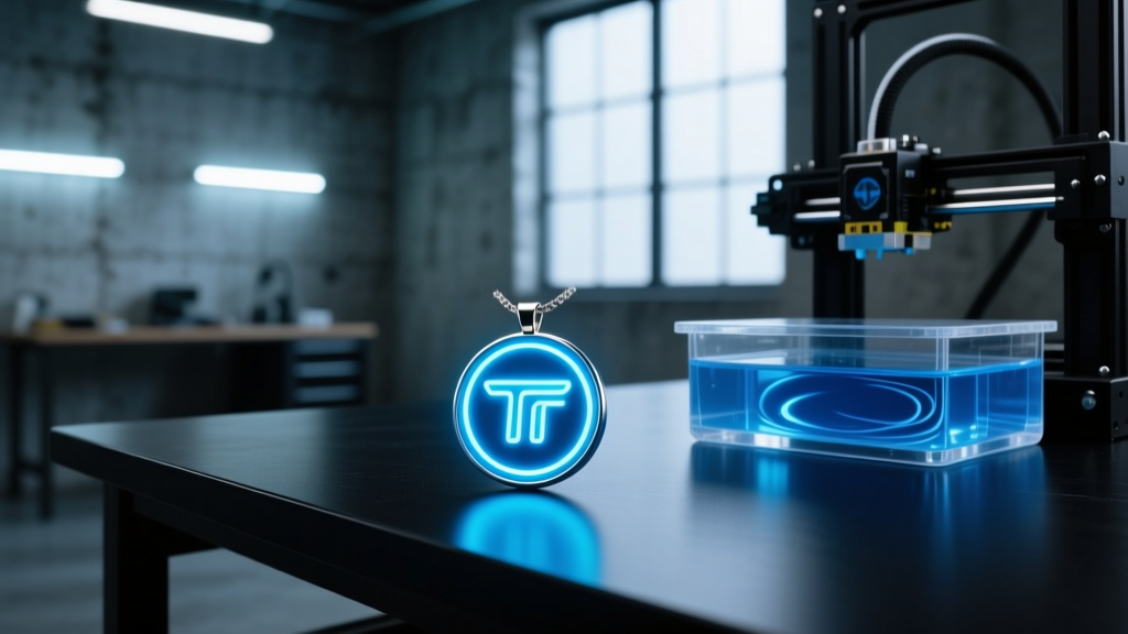 Glowing neon blue Tron Legacy identity disc pendant resting on a dark workbench next to a 3D printer resin vat in a dim studio.
