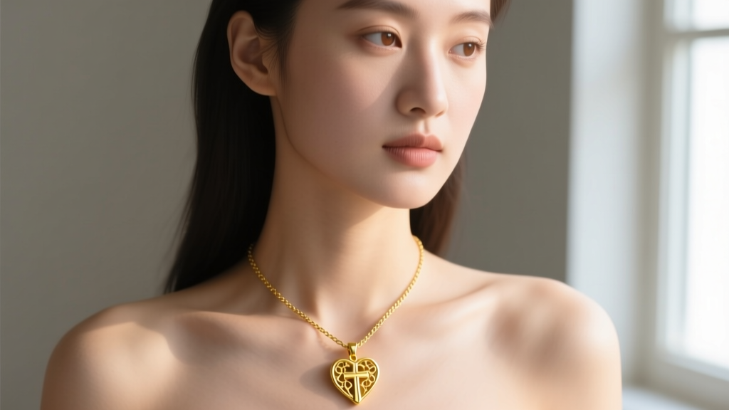 Close-up portrait of a young woman wearing a delicate 14k yellow gold heart cross pendant on a thin cable chain, natural daylight