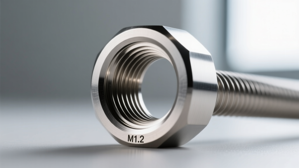 Extreme close-up of an internally threaded M1.2 titanium barbell post showing the threaded hole and mirror-polished finish.