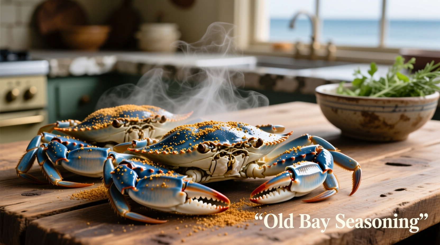 Perfectly steamed blue crabs with Old Bay seasoning