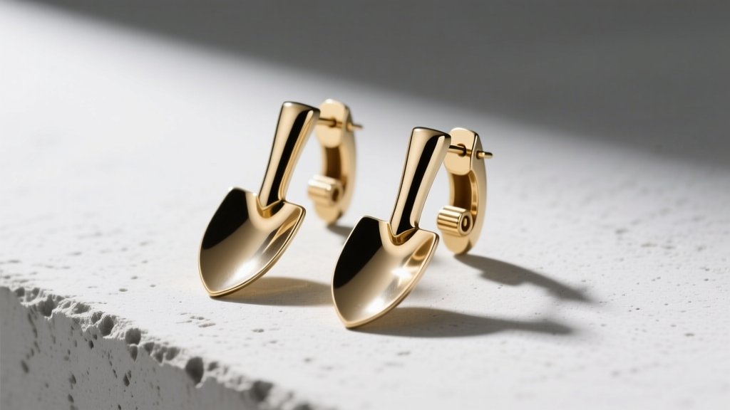 Heavy brass spade earrings secured with wide silicone friction backs and metal clutches on a clean, minimalist concrete surface