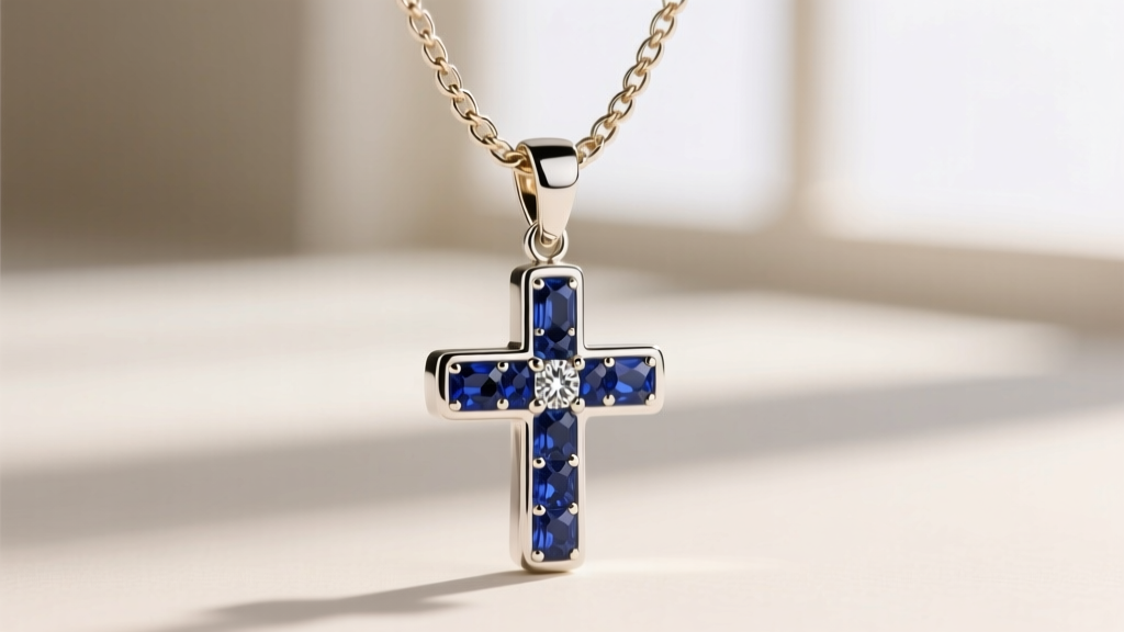Close-up of a 1.0mm 18k white gold box chain threading through a hidden diamond-accented bail on a sapphire cross pendant.