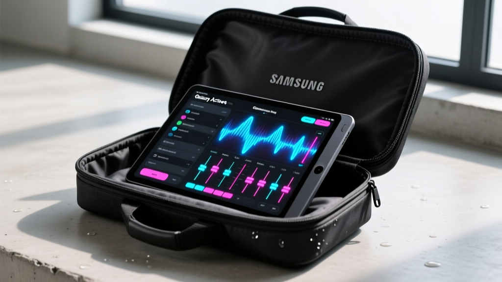 Samsung Galaxy Tab Active4 Pro rugged tablet displaying a digital DJ setlist and mixer interface inside a padded waterproof gig bag