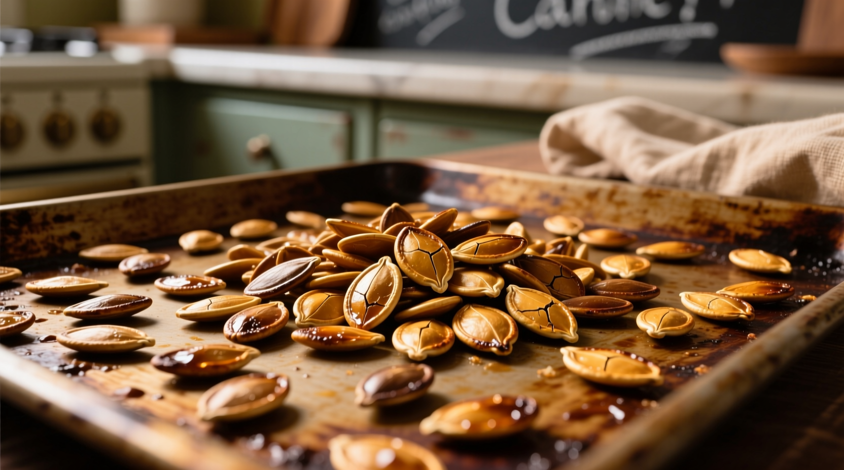 Golden brown roasted pumpkin seeds on baking sheet