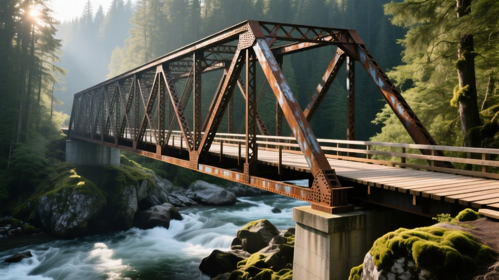 Heavy-duty steel truss pedestrian bridge spanning a rocky forested creek with concrete abutments and treated timber decking