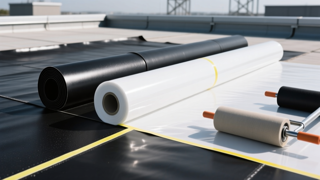 Commercial flat roof installation showing a contrast between black EPDM rubber membrane and white TPO membrane rolls with seam tape and rollers