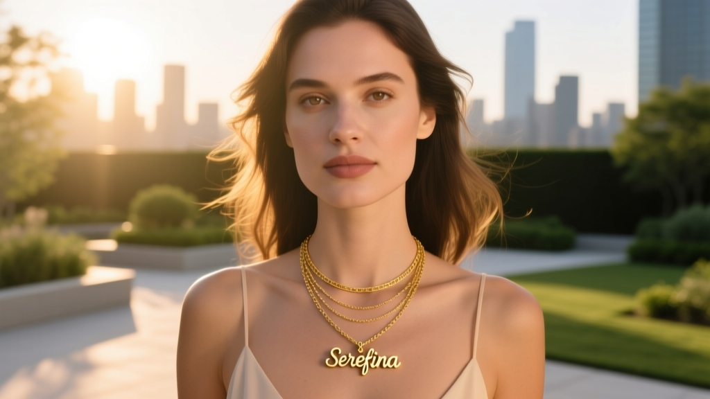 Woman wearing a layered solid 14k gold Serefina name necklace and pendant, photographed outside during a warm golden hour sunset.