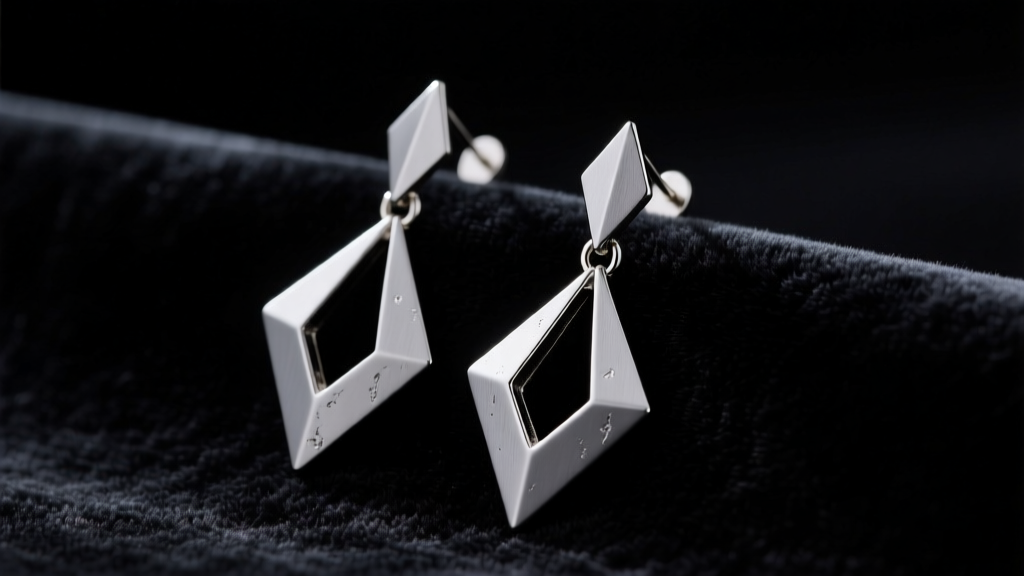 Gunmetal chandelier earrings on dark velvet, showing articulated geometric drops and a matte grey finish under moody lighting