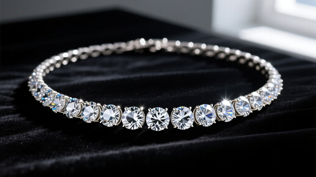 A graduated diamond riviere necklace resting on dark velvet, highlighting seamless four-prong settings and brilliant light return.