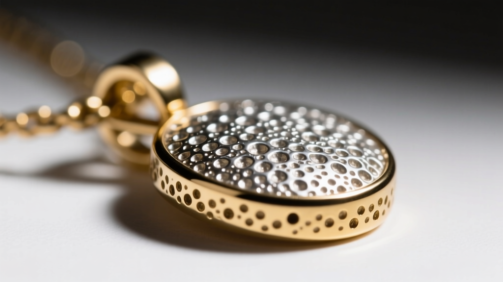 Macro photography of a rhodium-plated brass pendant showing micro-pores in the plating layer under harsh directional light