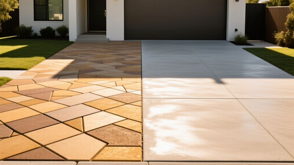 Split view of a modern driveway showing interlocking concrete pavers on the left and a smooth poured concrete slab on the right under bright sunlight