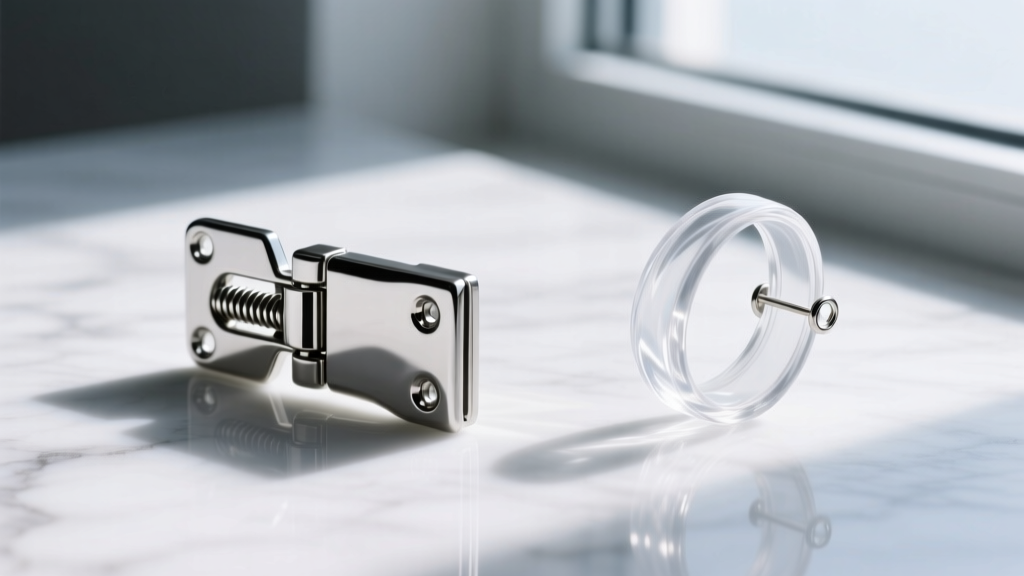 Side-by-side view of a polished stainless steel spring-clip hinge and a flexible transparent polycarbonate invisible ear cuff.
