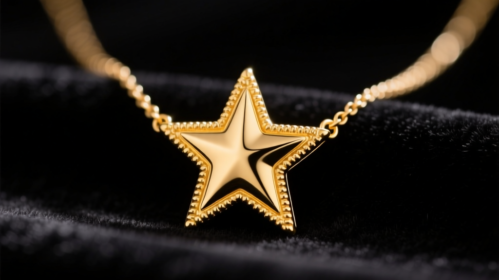 Close-up of a 14k yellow gold single star necklace on dark velvet, soft studio lighting highlighting the textured metal edges.