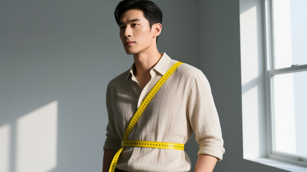 Yellow measuring tape wrapped around a man's neck to find necklace sizes, soft lighting, sharp focus on the tape measure numbers